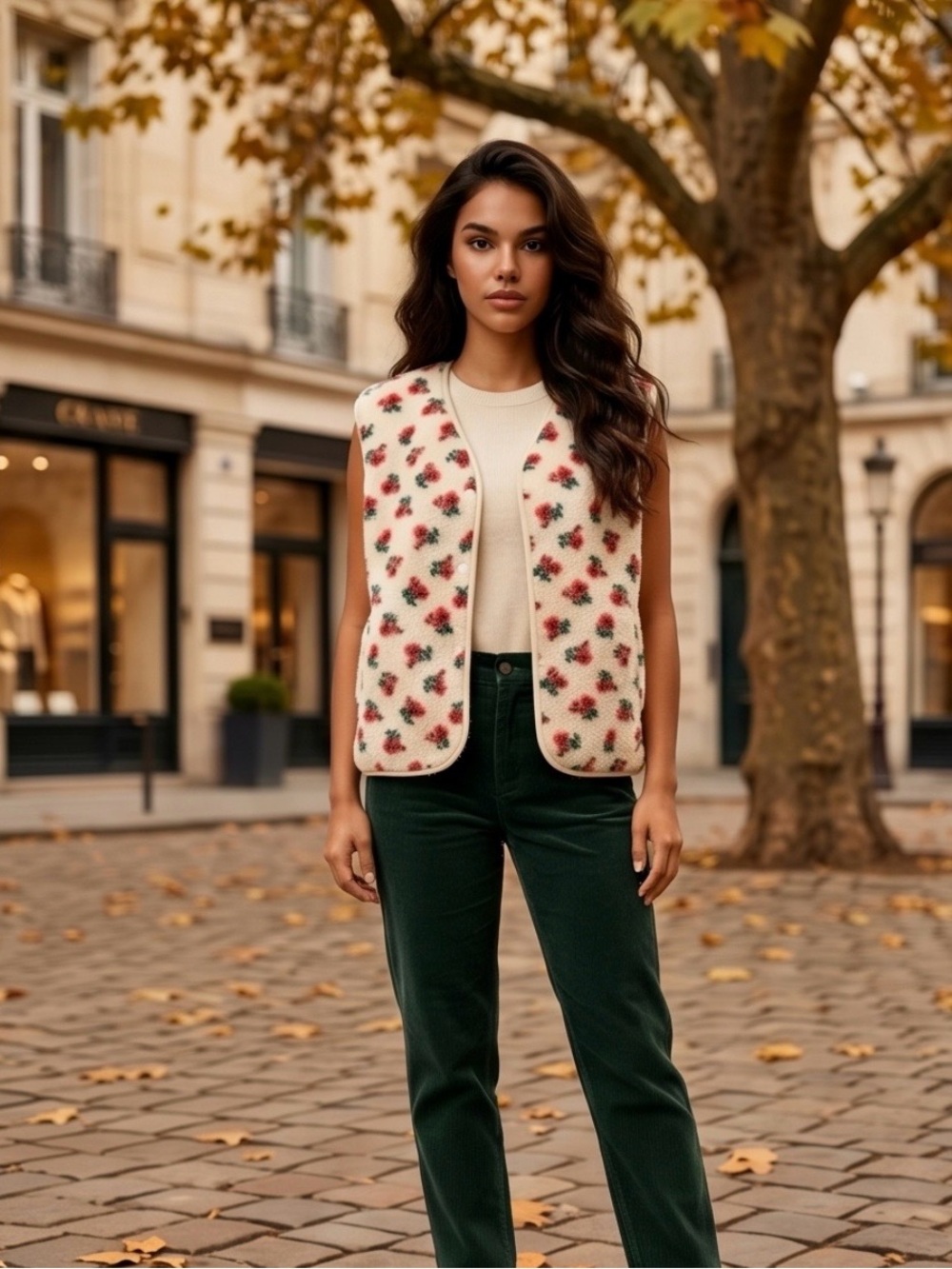 NWT Cicy Bell Cream Sherpa Fleece Vintage Pink Green Floral Vest Women’s Medium